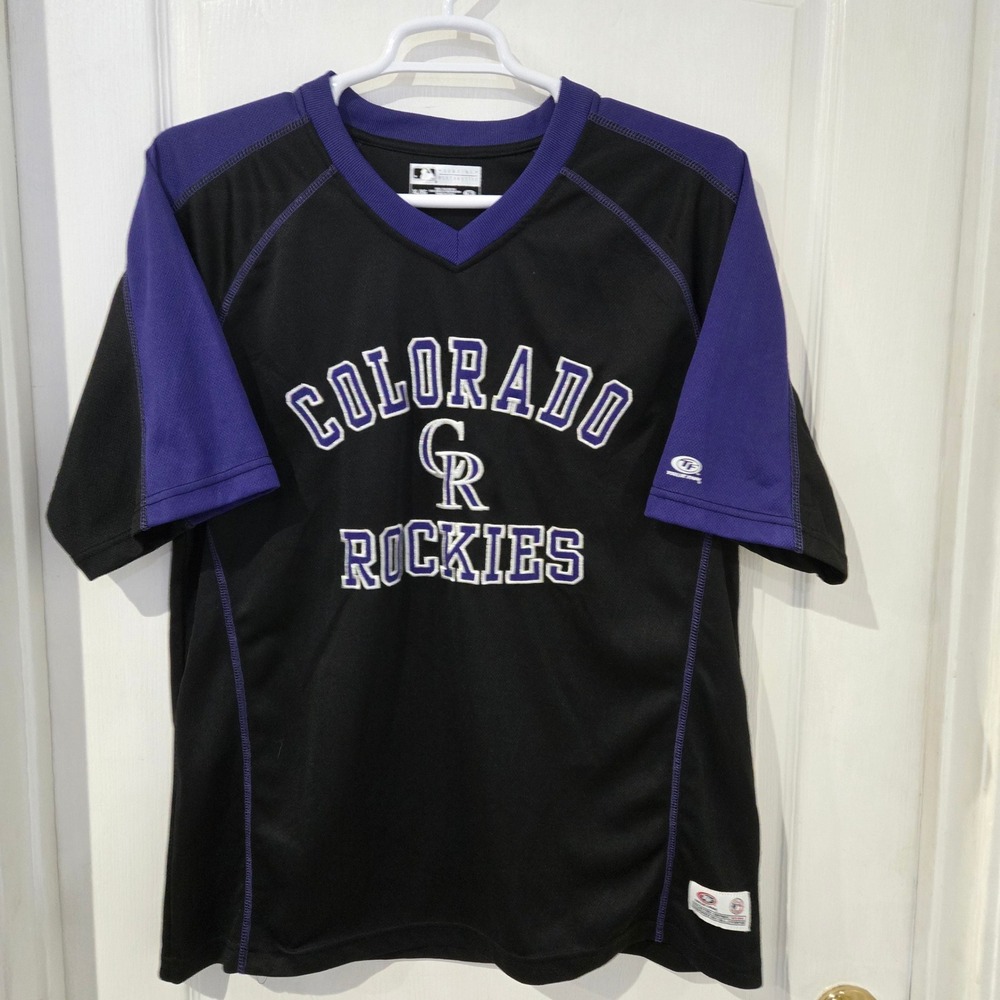 True Fan MLB Colorado Rockies‎ Jersey Mens XL Black Purple V-Neck Mesh Baseball